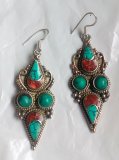 Серьги тибетские металл, коралл, бирюза №1, 10 см.